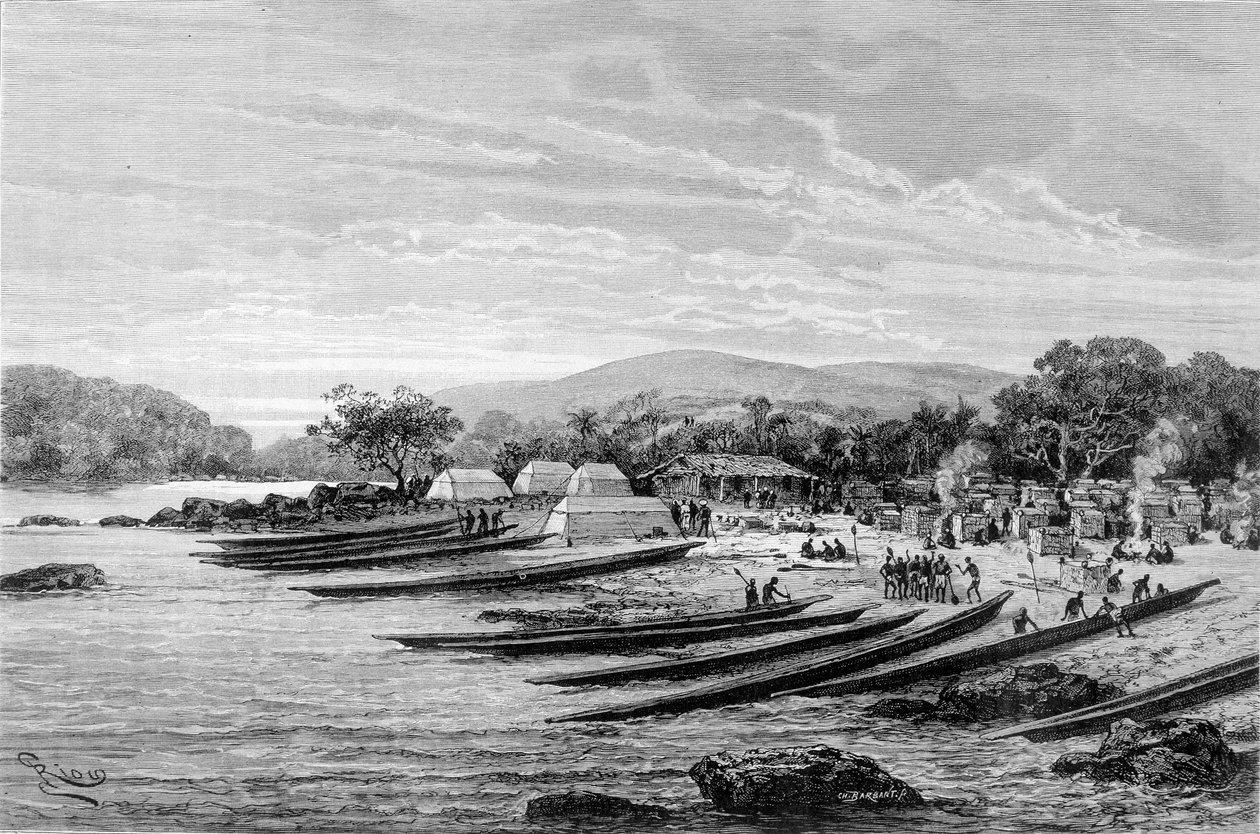 Lope högkvarter i Afrika. I "" Journey in the West African "" av Brazza av Edouard Riou