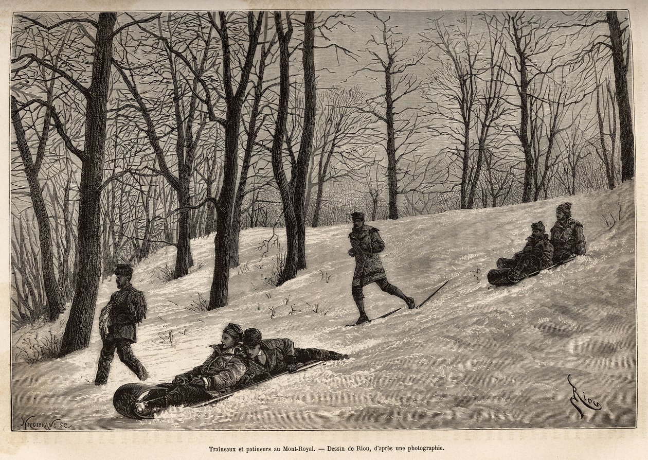 Luges et skaters au plateau du Mont-Royal, nära Montreal, gravering efter en teckning av Riou, som illustrerar utflykten till Kanada och Riviere Rouge du nord, av H. De Lamotte, 1873, publicerad i "" Le tour du monde" ”” 1875, redigerad av Edouard Charton, av Edouard Riou