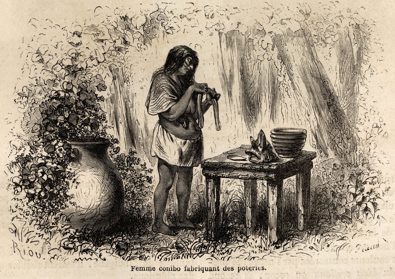Tillverkning av keramik av en Conibo-indian från Peru, teckning av Riou för att illustrera P. Marcoys resa, från 1848 till 1860, från Stilla havet till Atlanten. Gravyr i "" Le tour du monde"", redigerad av Edouard Charton av Edouard Riou