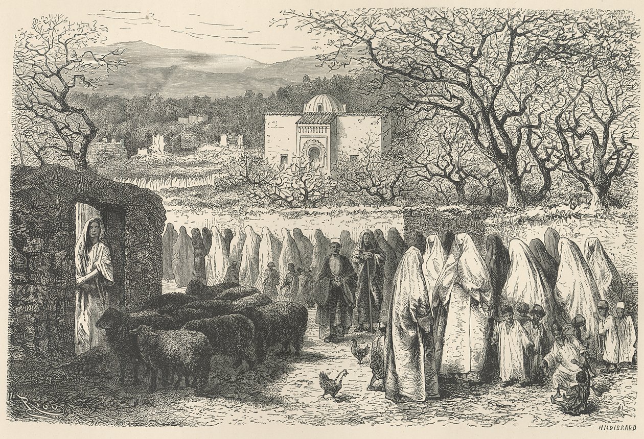 Marabout och procession: Tlemcen, graverad av Henri Theophile Hildibrand (1824-97) av Edouard Riou