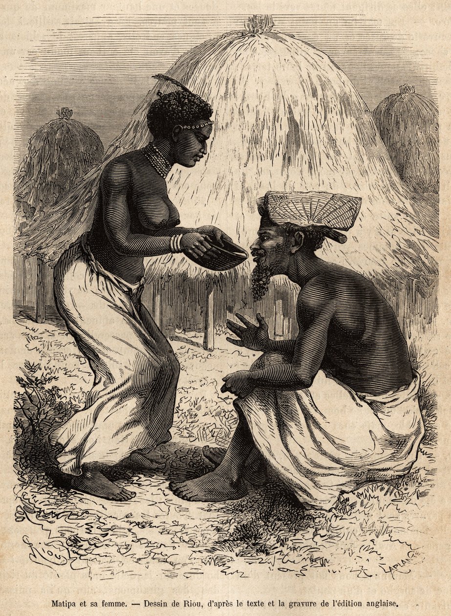 Matipa, en urbefolkning som gav kanoter till Livingstones team, serverades drickande av sin fru, graverad efter en teckning av Riou, som illustrerar David Livingstones sista dagbok (1813-1873), 1866-1873, publicerad i "" Le tour du monde ”” 1875, redigerad av Edouard Riou