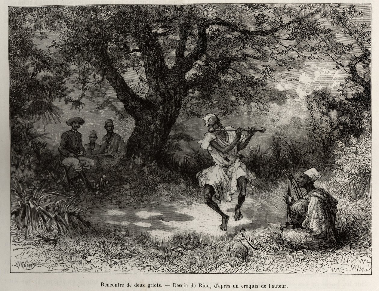 Möt två griots, kapten Binger, som sitter i skuggan, njuter av showen. Gravyr av Riou, för att illustrera berättelsen "" Från Niger till Guineebukten"" av kapten Louis Gustave Binger (1856-1936), 1887-1889, i Le tour du monde, nouveau journal des voy av Edouard Riou