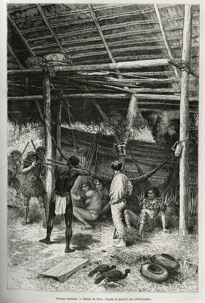 Morgonattack på upptäcktsresandens hydda av indianer från Amazonas stränder. Gravyr av Riou, för att illustrera historien om Cayenne aux Andes, av Jules Crevaux, läkare för franska flottan, 1878-1879, publicerad i Tour du monde, under ledning av av Edouard Riou