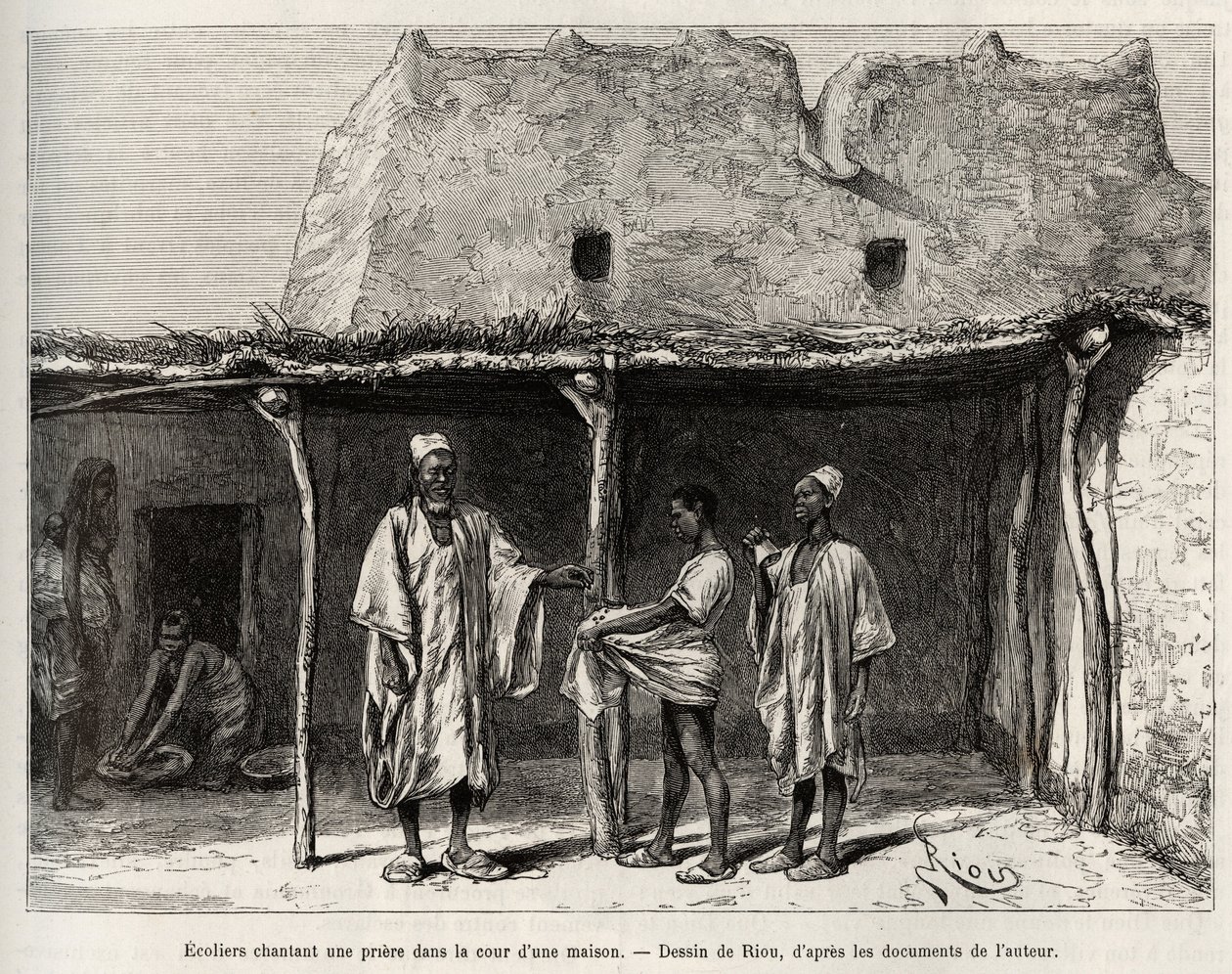Muslimska skolbarn som sjunger en bön på gården till ett hus, praktiserat i landet Kong (Niger), skolbarnen får en handfull cauris, som de lämnar över till sin lärare och som motsvarar en sorts skatt för folkbildning. av Edouard Riou