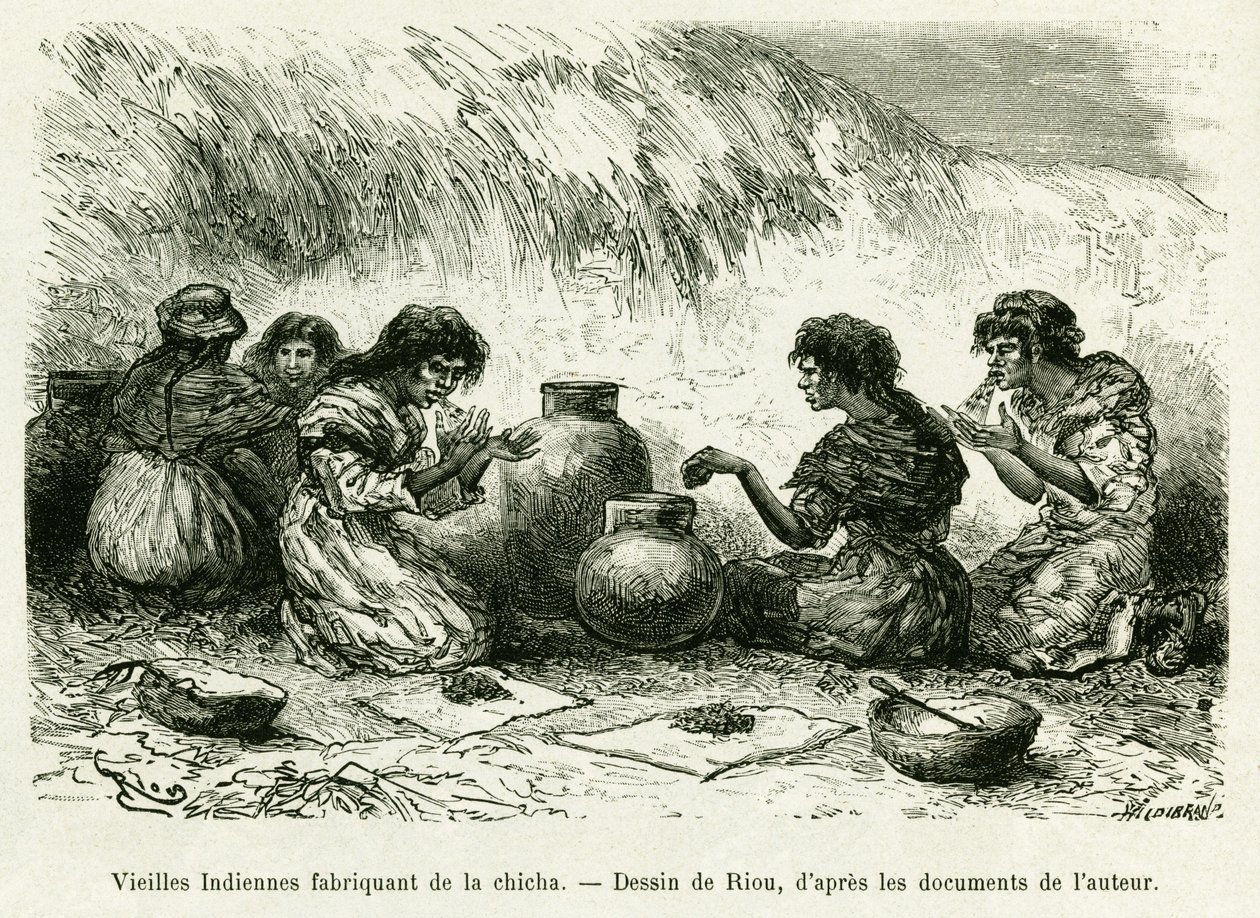 Gamla indiska kvinnor som gör shisha. Gravyr av Riou, för att illustrera berättelsen Journey in the Pilcomayo Delta och från Buenos Aires till Sucre av Edouard Riou