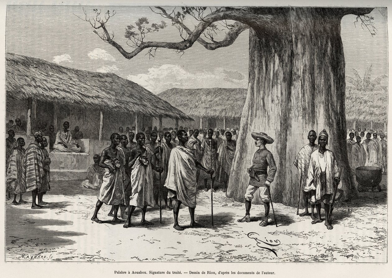 Palabre a Aouabou (Elfenbenskusten). Underskrift av den kommersiella affären vid Annos domstol, med ett porträtt av författaren. Gravyr av Riou, för att illustrera historien ""Från Niger till Guineebukten"" av kapten Louis Gustave Binger (1856-1936), 1887- av Edouard Riou
