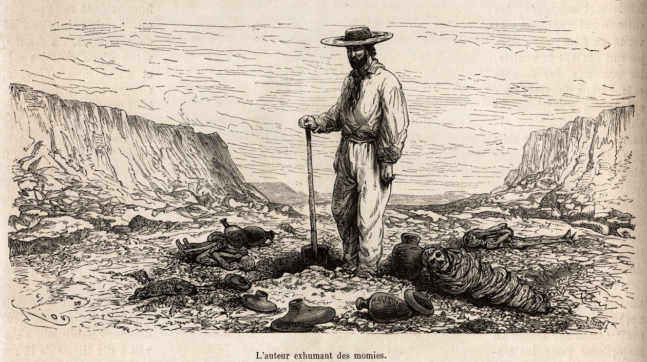 Paul Marcoy exhumant des mummies Incas (Bas Peru), gravyr av E.Riou som illustrerar resan i bergen, Huarancalqui-dalen och regionerna Pjonal, från 1862 till 1863, av Paul Marcoy, publicerad i "Le tour du monde" ” 1875, redigerad av Edou av Edouard Riou