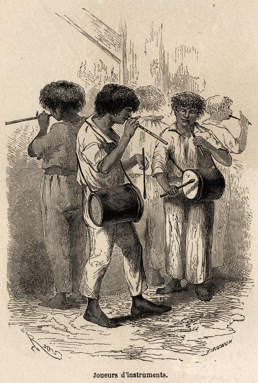 Spelare av musikinstrument i Sarayacu (Peru), teckning av Riou, för att illustrera Paul Marcoys resa från Stilla havet till Atlanten från 1848 till 1860. Gravyr i "" Le tour du monde", redigerad av Edouard Charton av Edouard Riou