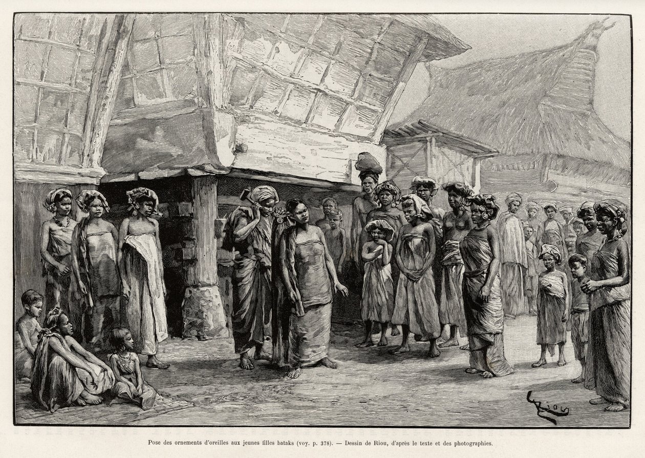 Spelar öronprydnader för Batak-flickor, etnisk grupp på norra Sumatra. Gravyr av Riou för att illustrera berättelsen "ett år i Malaysia", av Jules Claine (1856-1939) av Edouard Riou