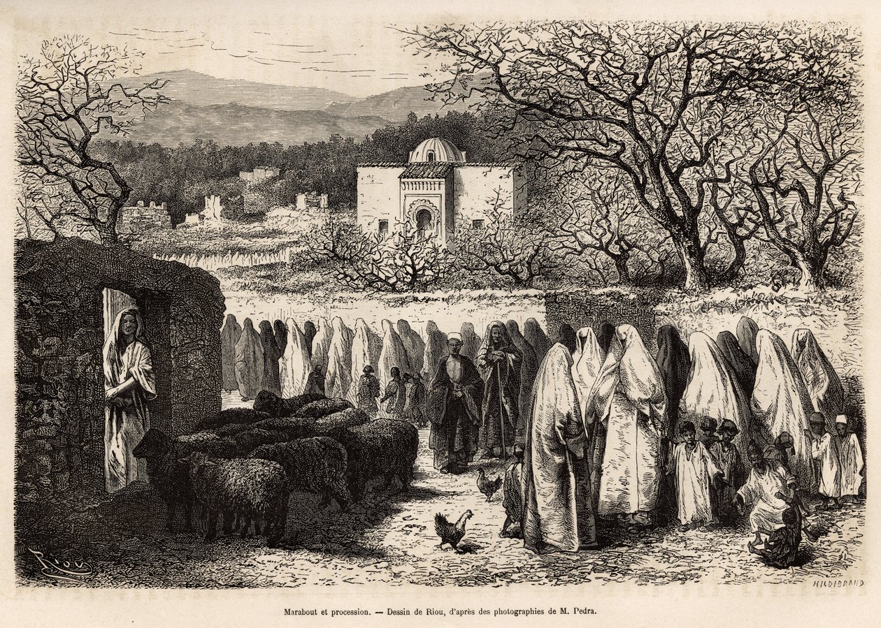 Procession till Marabout de Tlemcen (grav med en kupol av en man som tillhör islam), graverad efter en teckning av E.Riou, som illustrerar resan till Tlemcen (Algeriet), av E. de Lorral, 1875, publicerad i "" Le tour du monde””” 1875, redigerad av Edouard  av Edouard Riou