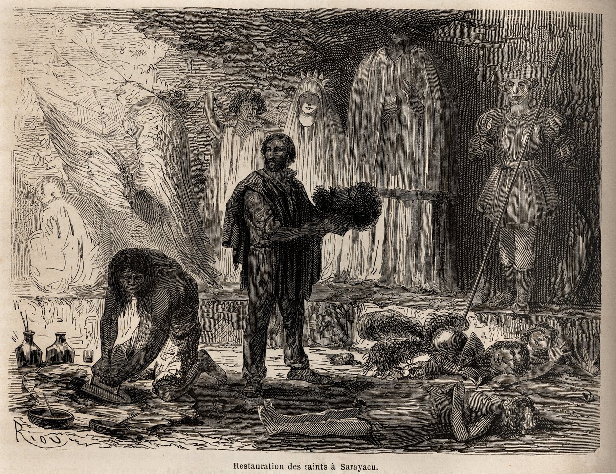 Restaurering av helgonstatyer i Sarayacu (Peru), teckning av Riou, för att illustrera Paul Marcoys resa från Stilla havet till Atlanten från 1848 till 1860. Gravyr i "" Le tour du monde"", redigerad av Edouard Charton av Edouard Riou