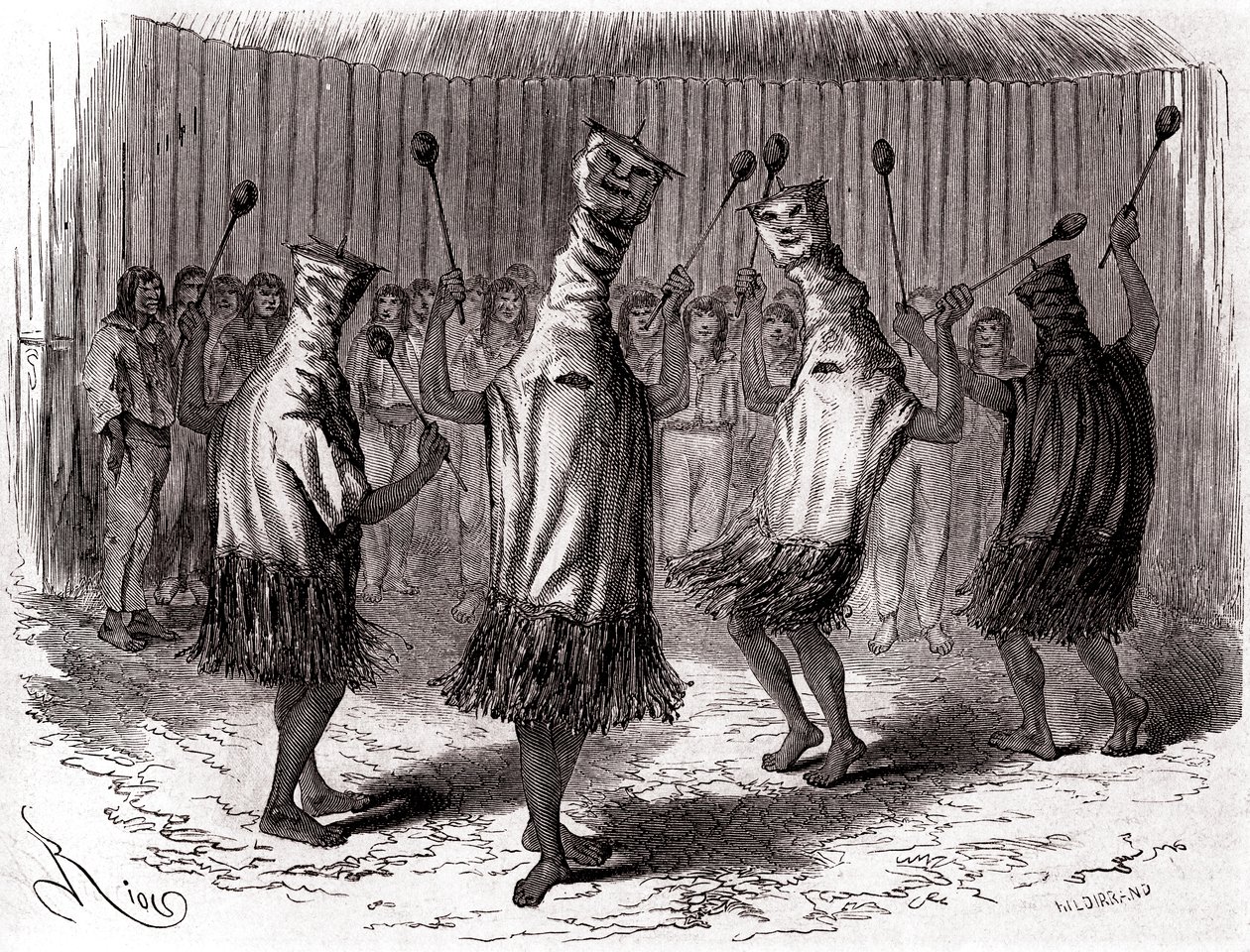 Rituell dans av Ticuna-indianerna i Peru med förklädnader och masker av Edouard Riou