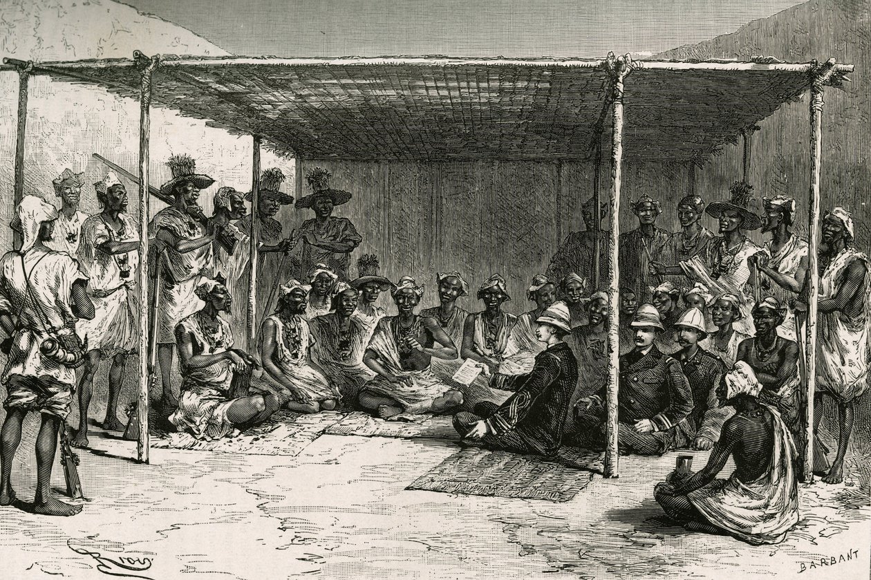 Undertecknande av fördraget som placerade landet Kita (fd franska Sudan, nuvarande Mali) under Frankrikes protektorat den 25 april 1880 mellan befälhavare Joseph Gallieni (1849-1916) och Tokontan Keita. Gravyr av Riou, baserad på en skiss av au av Edouard Riou