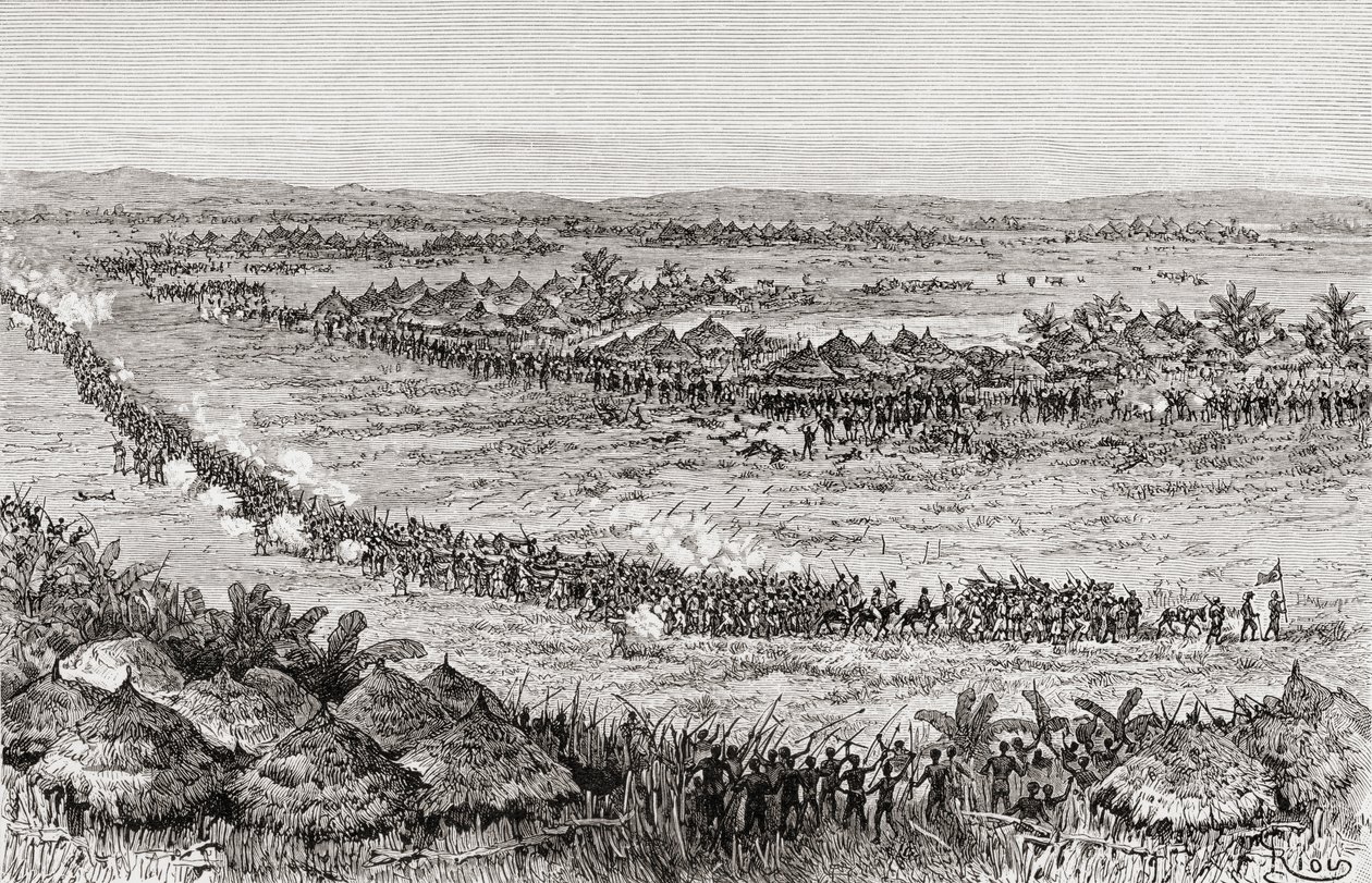 Sir Henry Morton Stanley och hans män hotades av Sukuma-infödingar, 1890 (trästick) av Edouard Riou