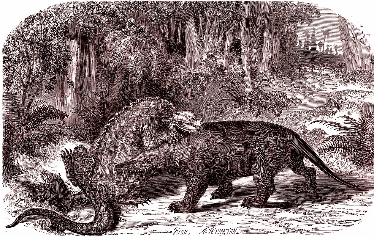 Iguanodon och megalosaurus (gravyr) av Edouard Riou