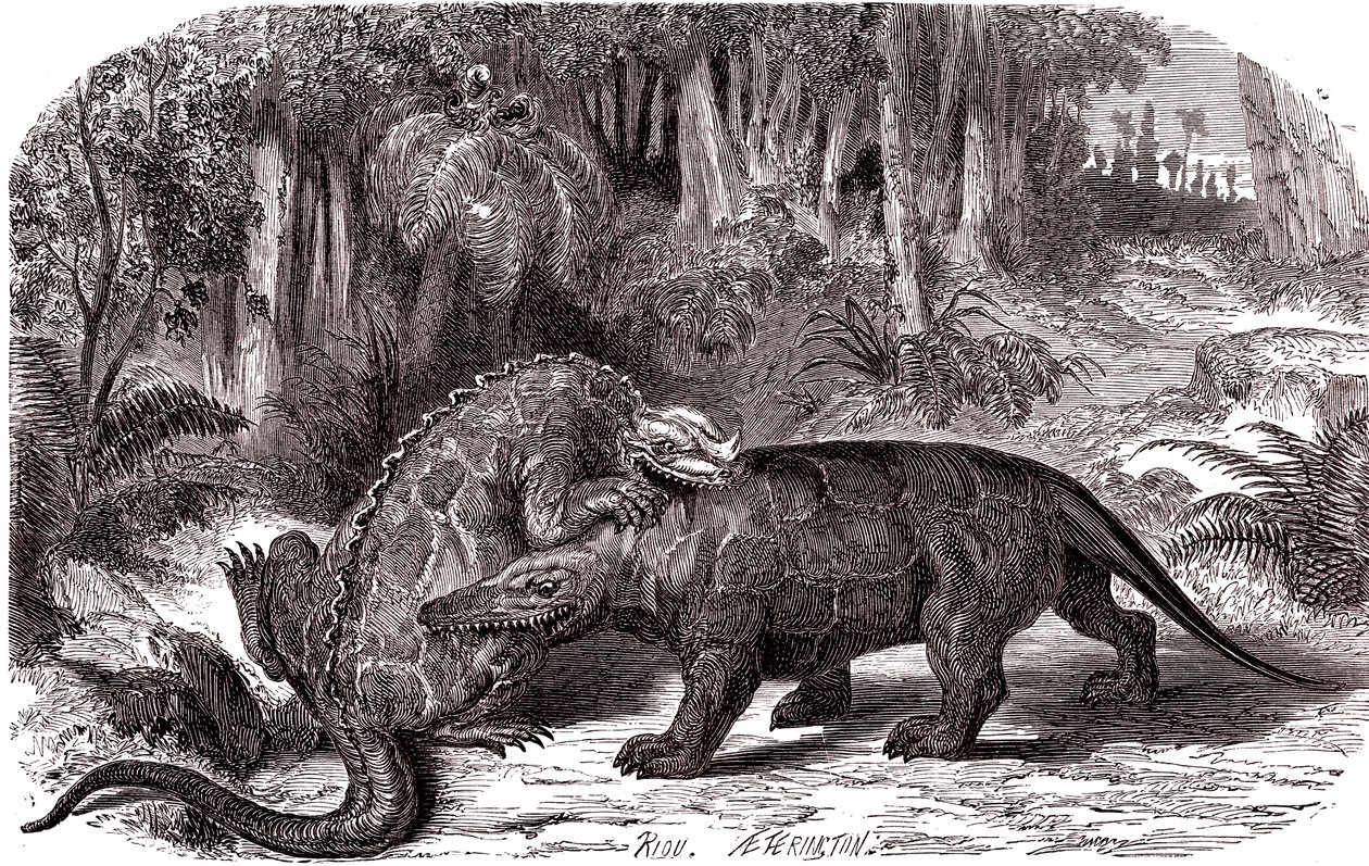 Iguanodon och Megalosaurus av Edouard Riou