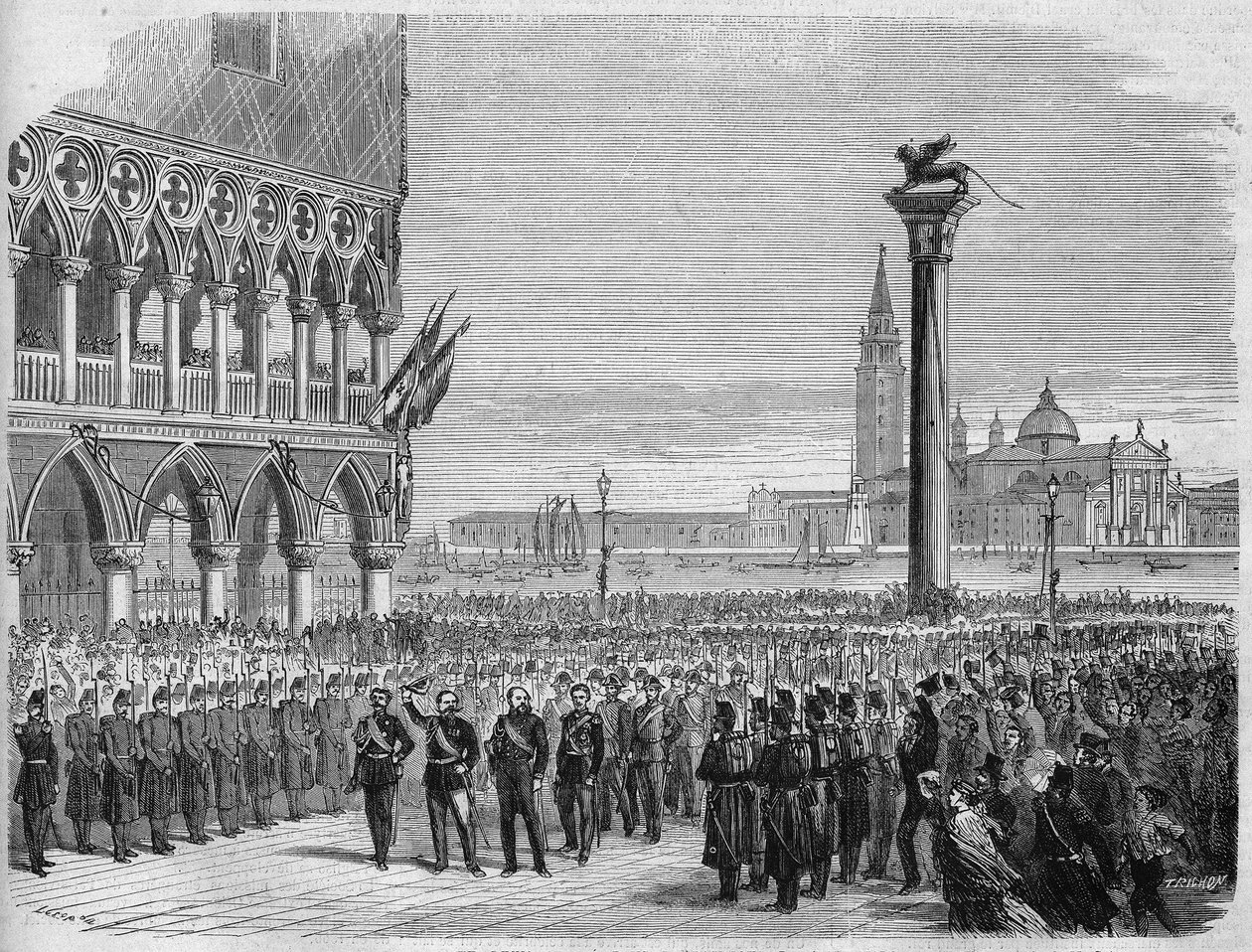 Kungen av Italien Victor Emmanuel II (Victor Emmanuel) (Vittorio Emanuele) i Venedig på Markusplatsen. Efter österrikarnas nederlag vid Sadowa återtogs Venetien till kungariket Italien 1866. Gravyr efter en teckning av Crepon och Riou. I " av Edouard Riou