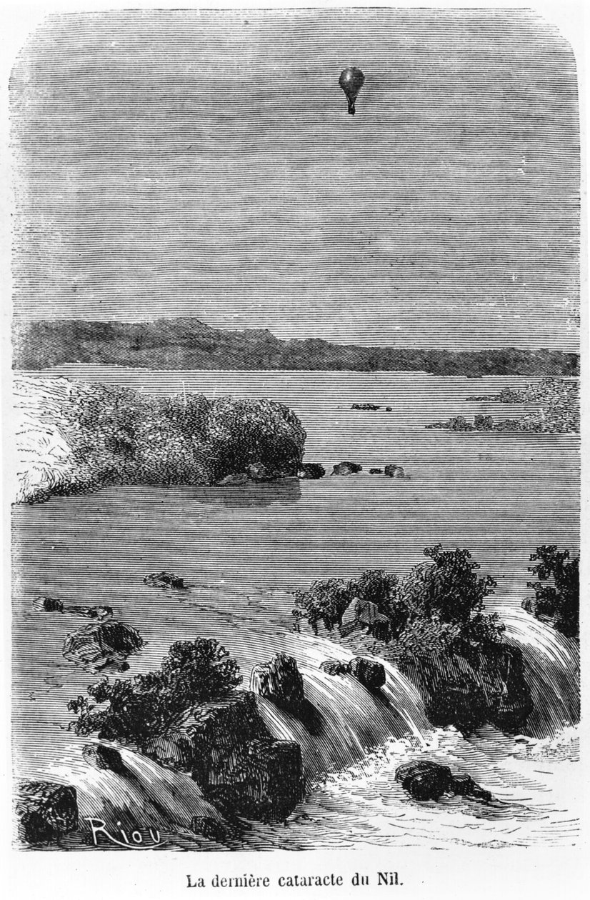 Nilens sista katarakt, illustration från "Fem veckor i en ballong" av Jules Verne (1828-1905) Paris, Hetzel av Edouard Riou