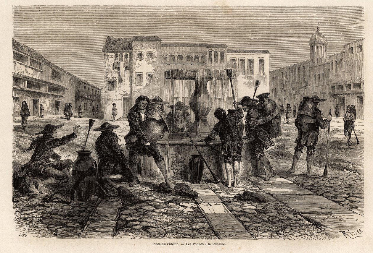 Pongos, indianer som utsattes för träldom, vid fontänen, på torget i cabildo, i Cuzco, teckning av Riou, för att illustrera resan genom Sydamerika, från 1848 till 1860 av Paul Marcoy. Gravyr i "" Le tour du monde", redigerad av Edouard C av Edouard Riou