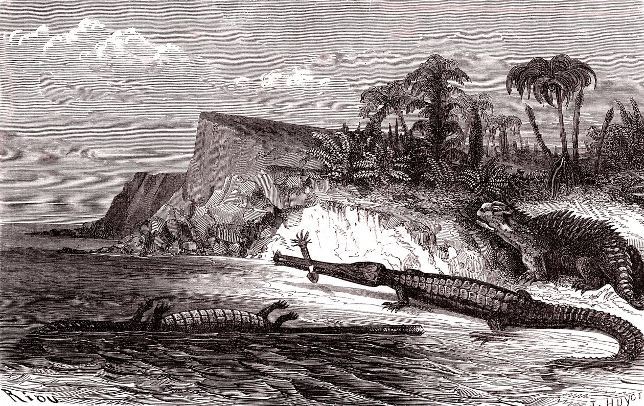 Teleosaurus och Hyleosaurus av Edouard Riou