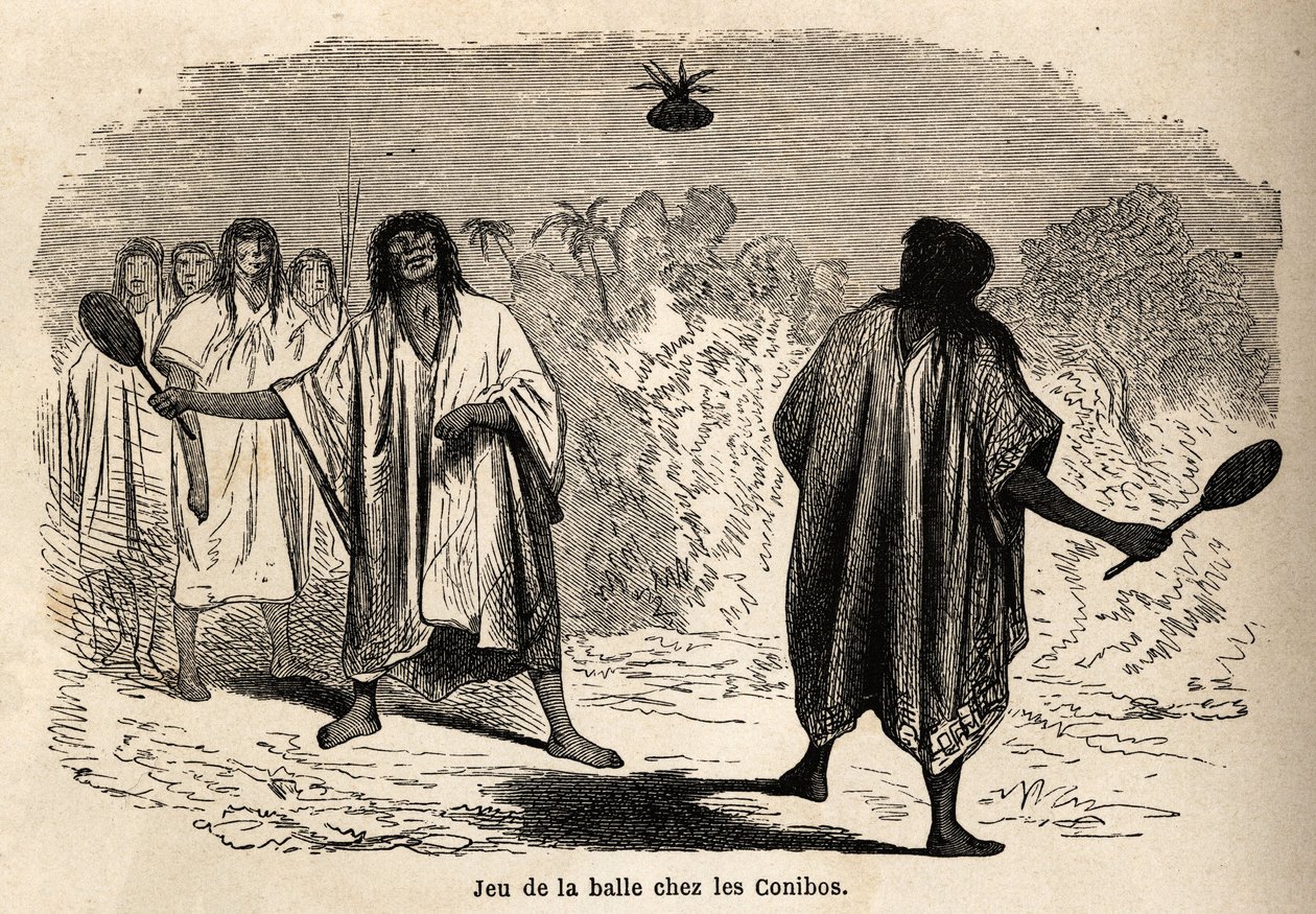 Bollspelet, bland de indiska conibos i Peru, teckning av Riou för att illustrera resan, från 1848 till 1860, av P. Marcoy, från Stilla havet till Atlanten. Gravyr i "" Le tour du monde"", redigerad av Edouard Charton av Edouard Riou