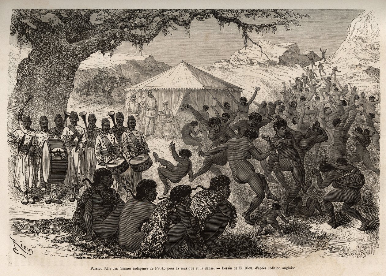 Expeditionens band lockar kvinnor och barn i byn Fatiko (Centralafrikanska republiken) och framkallar en passionerad förlust av dans, graverad efter en teckning av E.Riou som illustrerar en expedition i Centralafrika, för att förtrycka av Edouard Riou