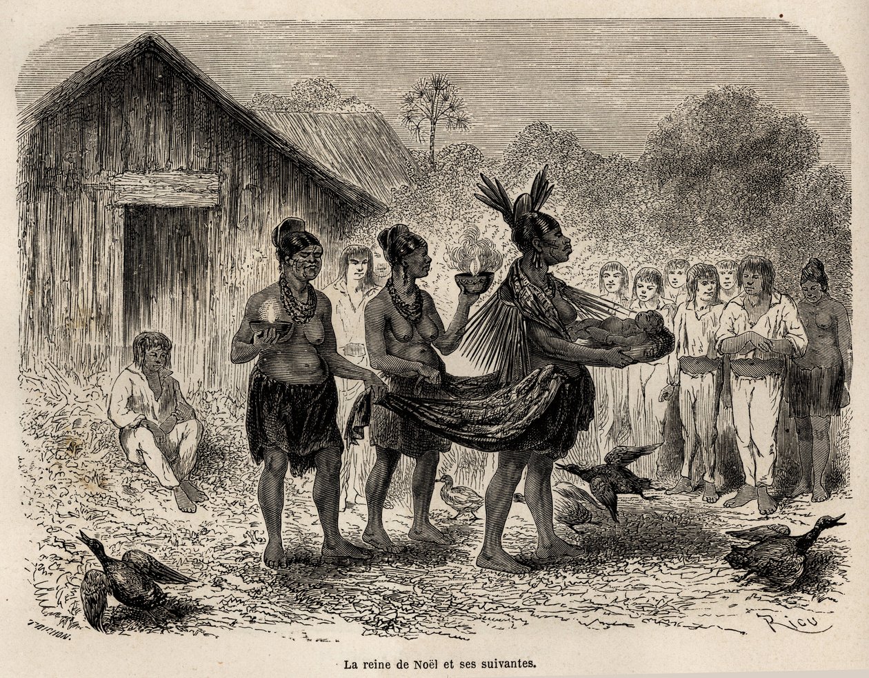 Firandet av julfesten i Sarayacu (Peru), juldrottningen bär Jesusbarnet i en korg, och tillsammans med två som följer, presenterar hon barnet för alla hus i byn, teckning av Riou, för att illustrera Paul Marcoys jour av Edouard Riou