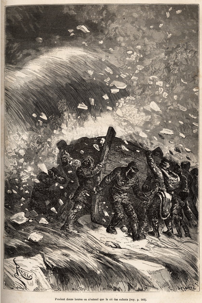 Besättningens båt är fångad i ett fruktansvärt storm, männen utan rep och gripar håller sin båt till styrkan i sina armar, etsat efter en teckning av E.Riou, som illustrerar historien om Polaris, isflotten, av löjtnant Tyson, i 1870-1873, utg av Edouard Riou