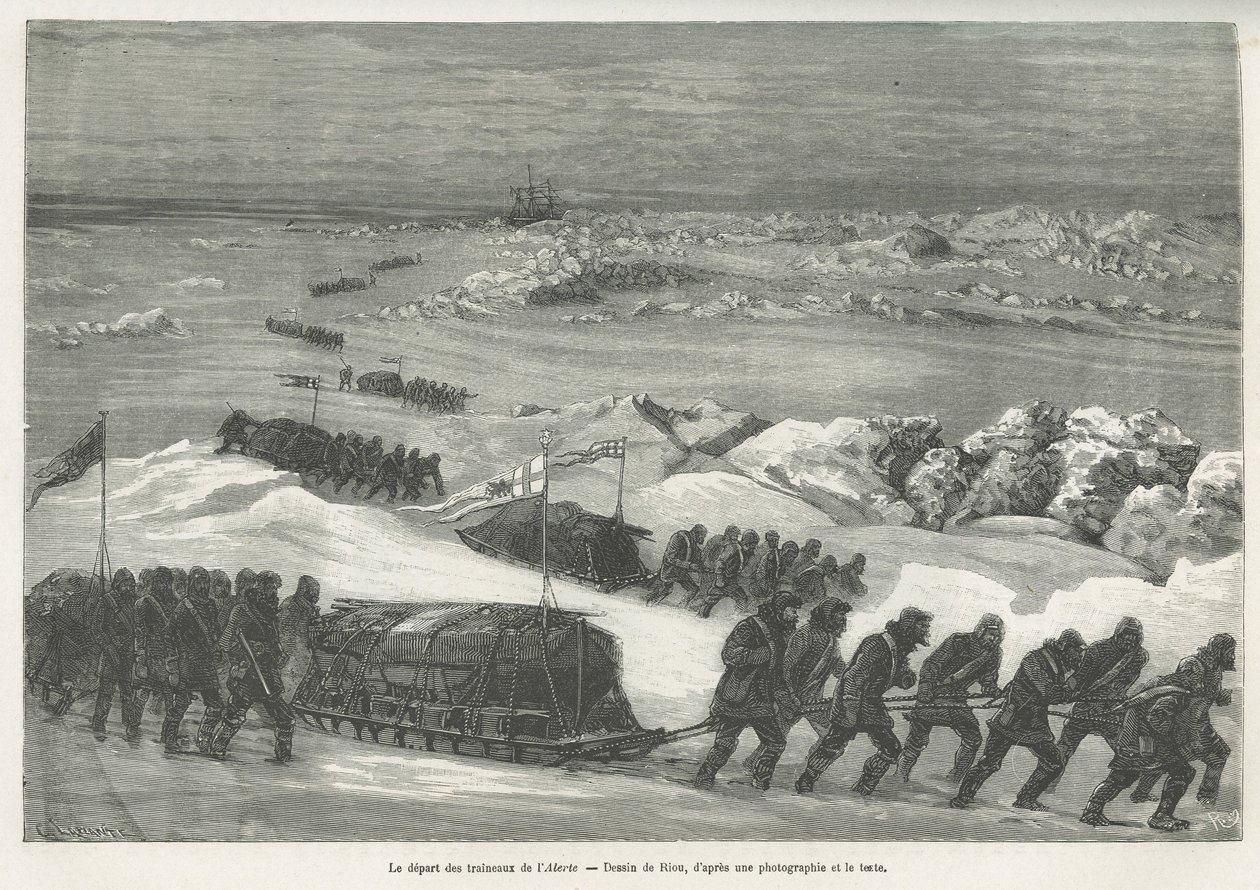 Avgången av Alert-slädarna, polarexpeditionens skepp, teckning av Riou, för att illustrera historien om en resa till polarhavet 1875-1876, av kapten G.S.Nares. Gravyr i Le tour du monde av Edouard Riou