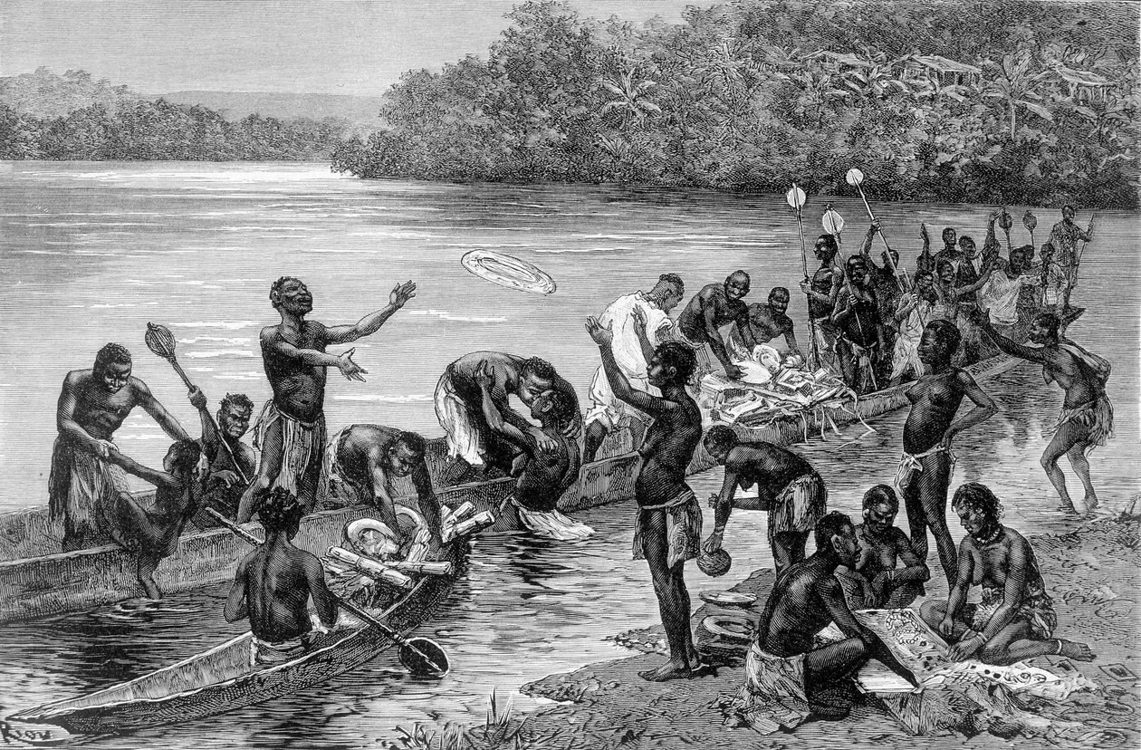 De olika aktiviteterna för stammen i byn Adouma i Afrika. I "" Journey in the West African "" av Brazza av Edouard Riou