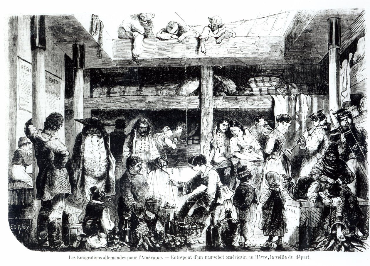 Kvällen före avresan till Amerika - tyska emigranter på väg till USA i styrhytten på ett amerikanskt passagerarfartyg i hamnen i Le Havre, ca 1850 av Edouard Riou