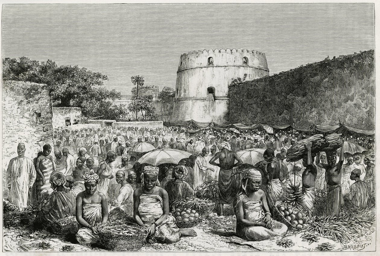 Fruktmarknaden i Zanzibar (Tanzania). Gravyr av Riou, för att illustrera berättelsen "" Resan till Benadir, Omalis och Bayoun"", 1882-1883, av M.G.Revoil. Publicerad i Le Tour du monde, nouveau journal des voyages av Edouard Riou