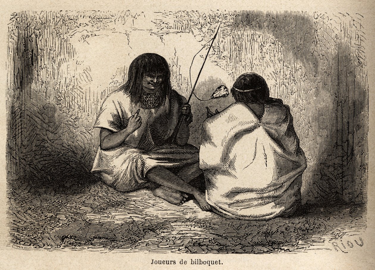 Spelet bilboquet, med ett sköldpaddshuvud, bland Conibos-indianerna i Peru, teckning av Riou för att illustrera P. Marcoys resa, från 1848 till 1860, från Stilla havet till Atlanten. Gravyr i "" Le tour du monde"", redigerad av Edoua av Edouard Riou