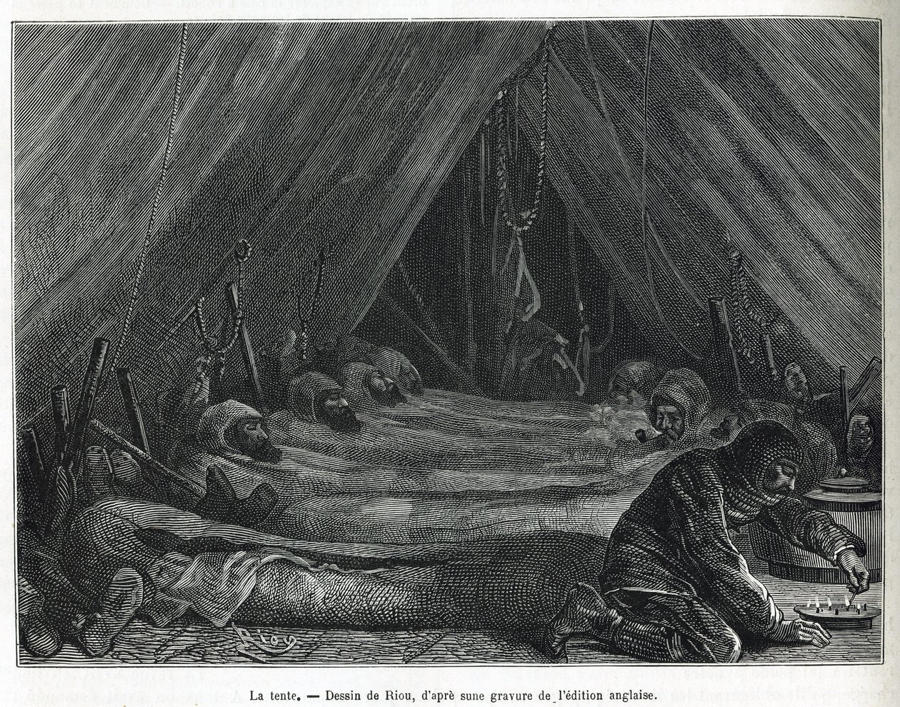 Insidan av tältet på isflaket, teckning av Riou, för att illustrera historien om en resa till polarhavet 1875-1876, av kapten G.SNares (1831-1915). Gravyr i Le tour du monde av Edouard Riou