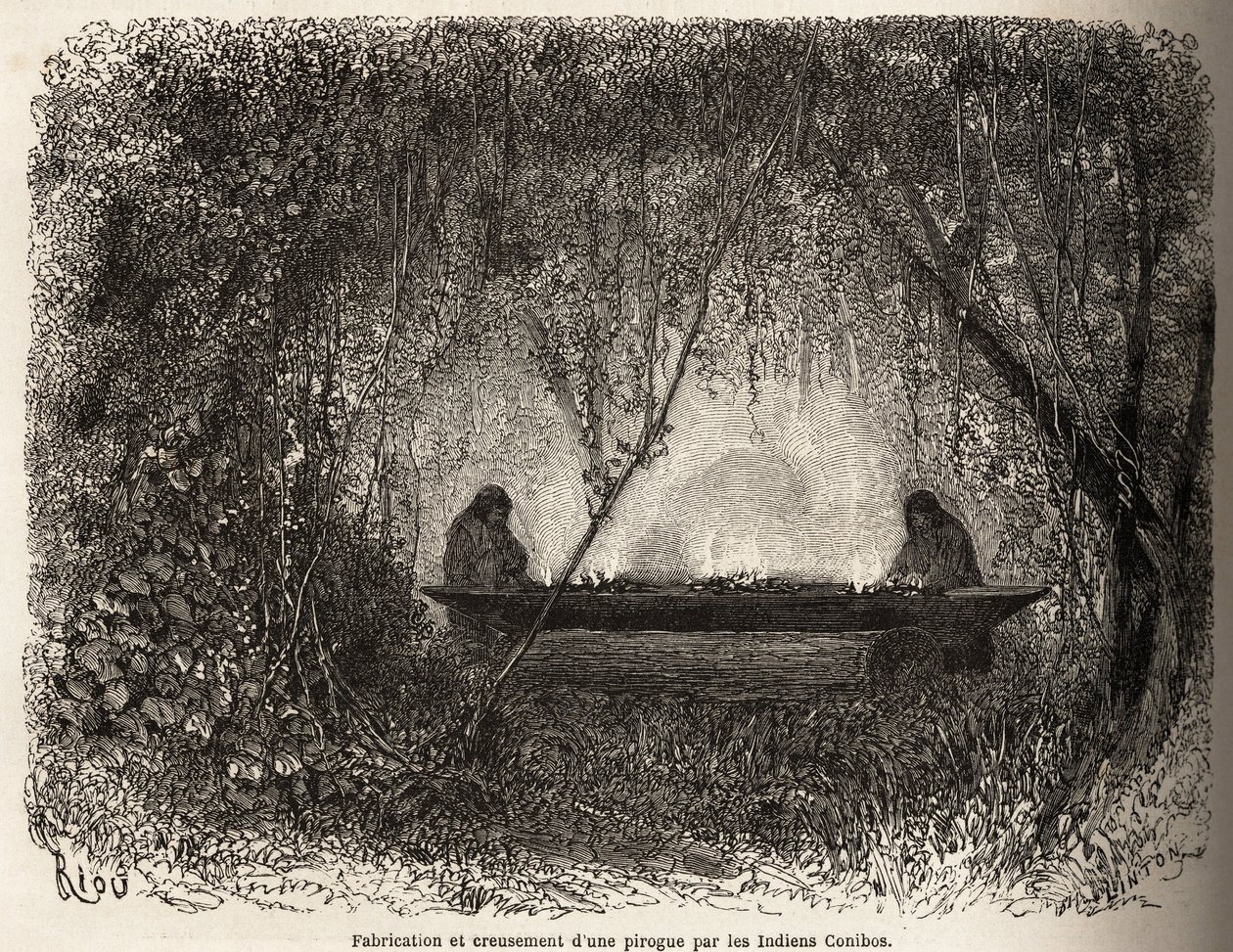 Tillverkning av en kanot, evakuerad genom eld, av Conibo-indianerna i Peru, teckning av Riou för att illustrera P. Marcoys resa, från 1848 till 1860, från Stilla havet till Atlanten. Gravyr i "" Le tour du monde", redigerad av Edouard Cha av Edouard Riou
