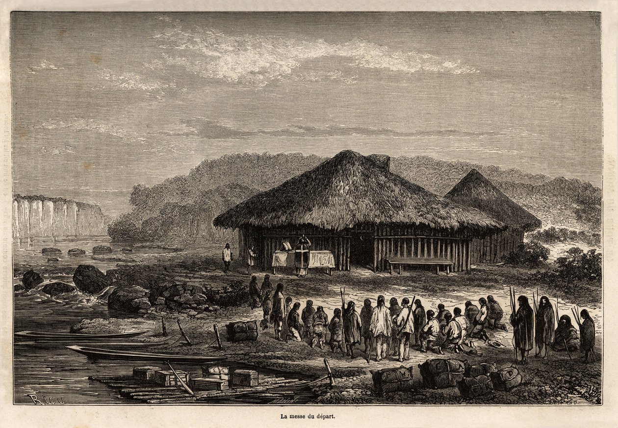Avgångsmässan i Echarati (Peru), deltog av de konverterade infödingarna, teckning av Riou, som illustrerar Paul Marcoys resa från Stilla havet till Atlanten från 1848 till 1860. Gravyr i "" Le tour du monde"", redigerad av Edouard Chart av Edouard Riou