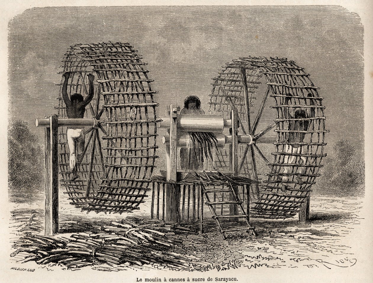 Kvarnen för att mala sockerrör från Sarayacu (Peru), teckning av Riou, för att illustrera Paul Marcoys resa från Stilla havet till Atlanten från 1848 till 1860. Gravyr i "" Le tour du monde", redigerad av Edouard Charton av Edouard Riou