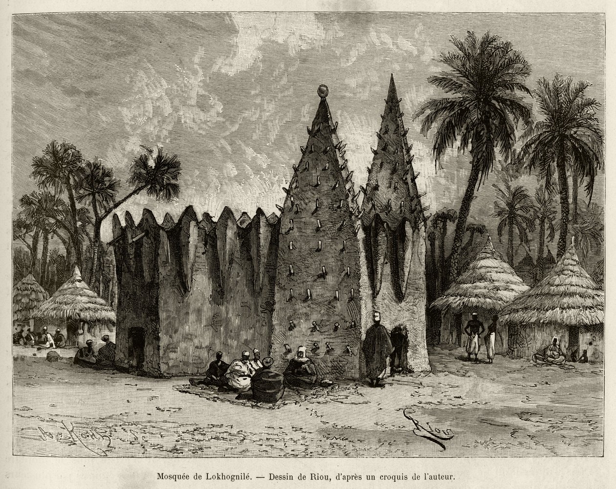 Moskén i Lokhognile (Guineebukten). Gravyr av Riou, för att illustrera historien "" Från Niger till Guineebukten"" av kapten Louis Gustave Binger (1856-1936), 1887-1889, i Le tour du monde, nouveau journal des voyages, under ledning av av Edouard Riou
