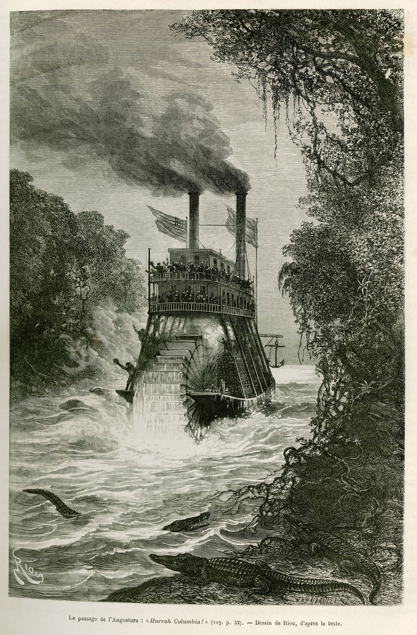 Passagen av Angostura (Colombia), av expeditionens ångbåt, teckning av E.Riou, för att illustrera resan till dagjämningstidens Amerika (Colombia, Ecuador, Peru), 1875-1876, av Edouard Andre (1833-1894) , resenär som ålagts ett uppdrag av Fr av Edouard Riou