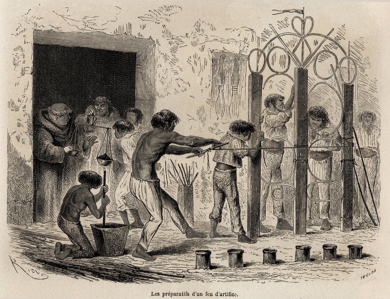 Förberedelse av fyrverkerier i Sarayacu (Peru), teckning av Riou, för att illustrera Paul Marcoys resa från Stilla havet till Atlanten från 1848 till 1860. Gravyr i "" Le tour du monde"", redigerad av Edouard Charton av Edouard Riou