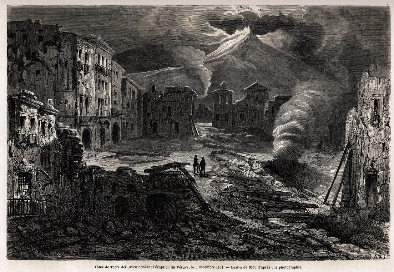 Torget i Torre del Greco, under Vesuvens utbrott, 8 december 1861, ritning av Riou, för att illustrera promenaderna runt Neapel av Marc Monnier, 1862. Gravyr i "" Le tour du monde"", redigerad av Edouard Charton av Edouard Riou