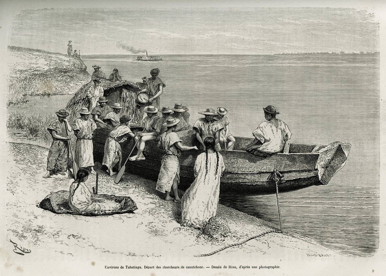 Starten för gummiforskare, i närheten av Tabatinga (övre Amazonasregionen). Gravyr av Riou, för att illustrera historien om Cayenne aux Andes, av Jules Crevaux, läkare vid den franska flottan, 1878-1879, publicerad i Tour du monde, under regi av Edouard Riou