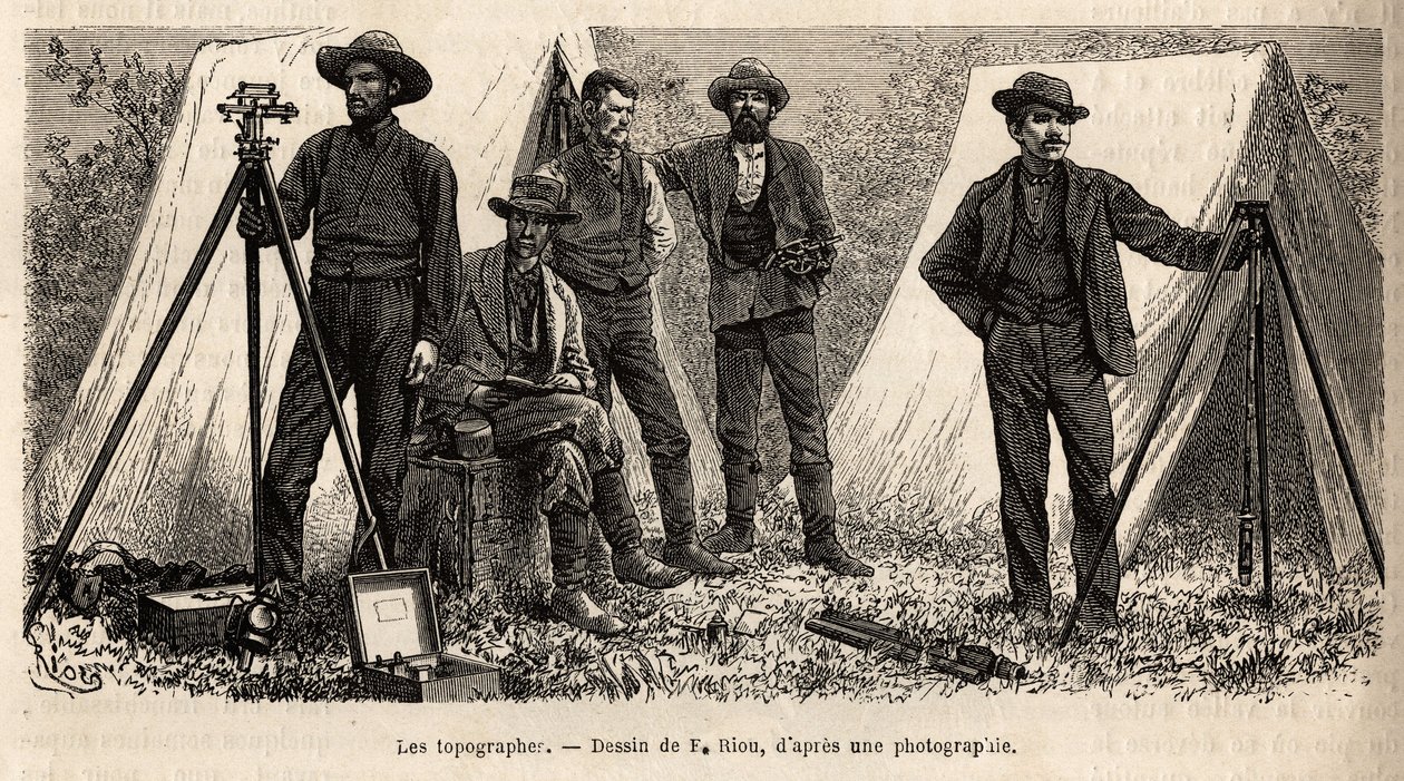 Teamet av topografer med sitt material, från den amerikanska geologiska missionen, gravering efter ritningen av F.Riou, som illustrerar en uppsättning geografiska uppdrag genom USA:s nationalpark, från 1870 till 1872, av herrarna Hayden, Doane och Langf av Edouard Riou