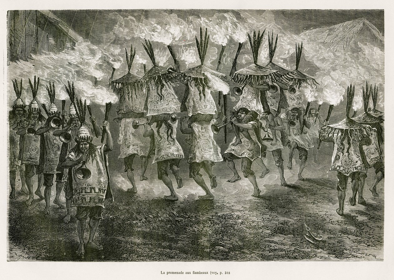 Fackelvandringen genom San Joses gator, ritad av E.Riou, för att illustrera resan i Titicaca-regionen och dalarna i östra Nedre Peru, 1873 av Paul Marcoy. Gravyr i Le tour du monde av Edouard Riou