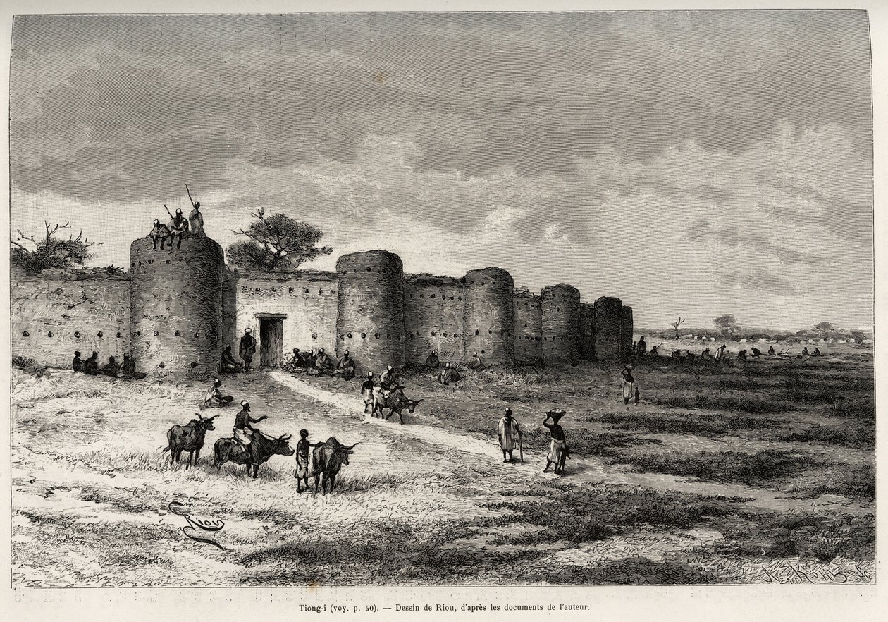 Staden Tiong-Gi (Tiong Gi, Mali), med sina befästningar och lertorn. Gravyr av Riou, för att illustrera historien ""Från Niger till Guineebukten"" av kapten Louis Gustave Binger (1856-1936), 1887-1889, i Le tour du monde, nouveau journal av Edouard Riou