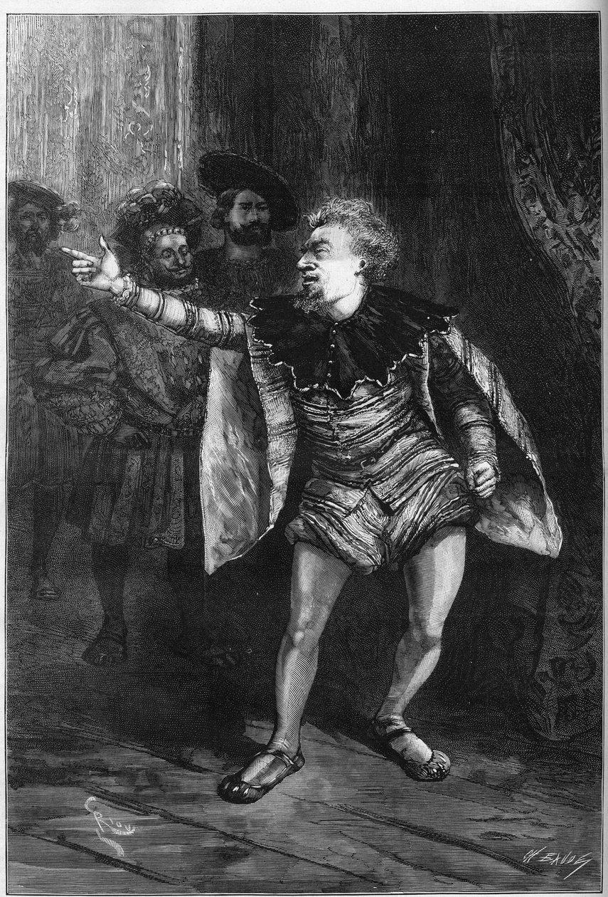 Teaterframställning: "Kungen har roligt" av Victor Hugo (1808-1883). Akt III scen III: Antechamber of the Louvren, Triboulet (Edmond Got av Edouard Riou