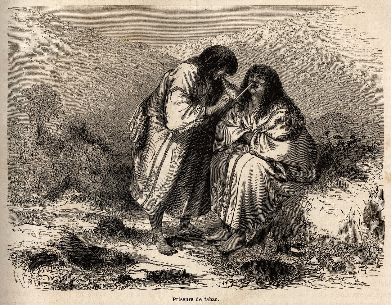Tobaksauktioner, smink enligt traditionen hos Antis-stammen (Peru), teckning av Riou, som illustrerar Paul Marcoys resa från Stilla havet till Atlanten från 1848 till 1860. Gravyr i "" Le tour du monde"", redigerad av Edouard av Edouard Riou