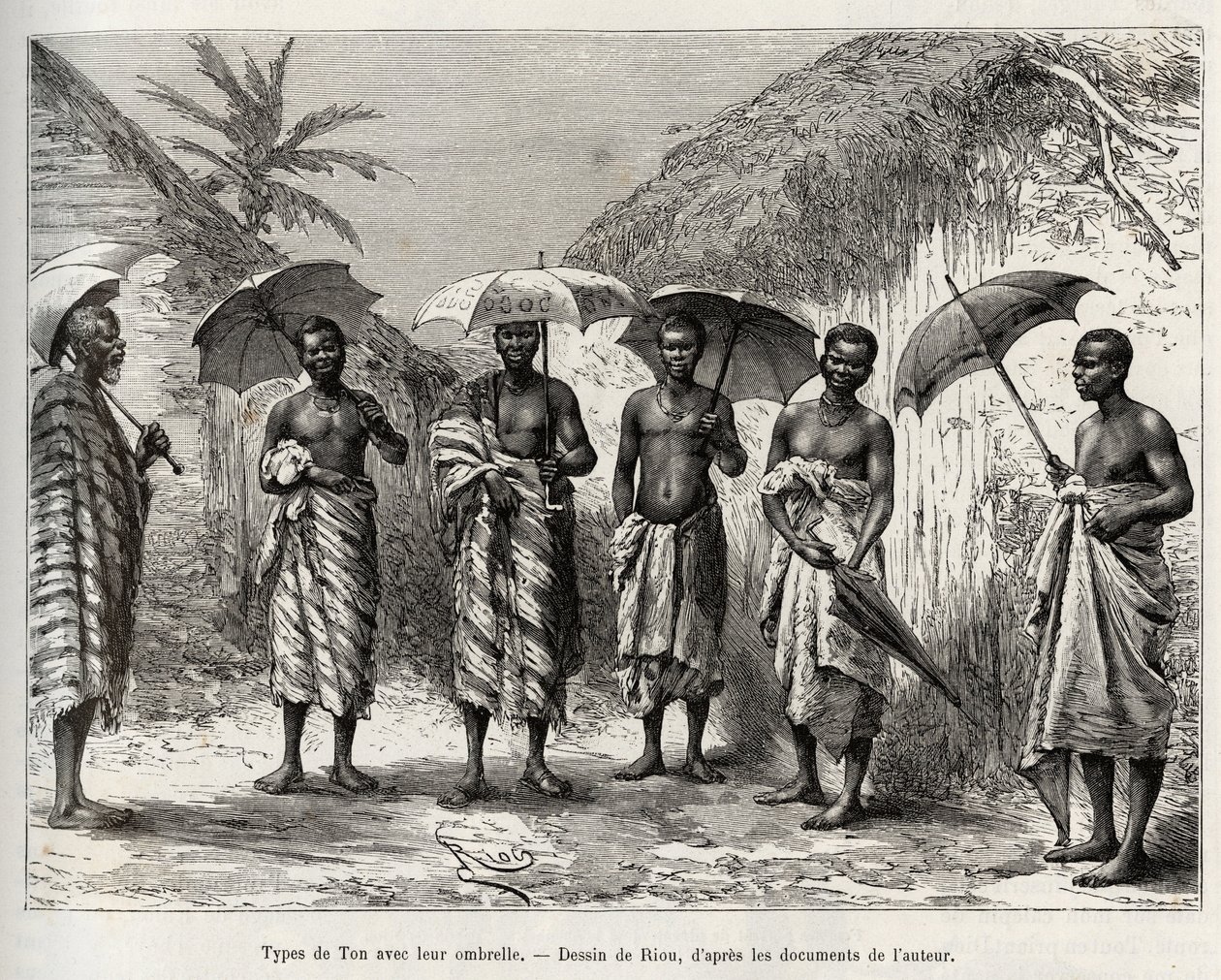 Tontyp med sitt paraply. Gravyr av Riou, för att illustrera berättelsen "" Från Niger till Guineabukten"" av kapten Louis Gustave Binger (1856-1936), 1887-1889, i Le tour du monde, nouveau journal des voyages, under ledning av Edouard Char av Edouard Riou