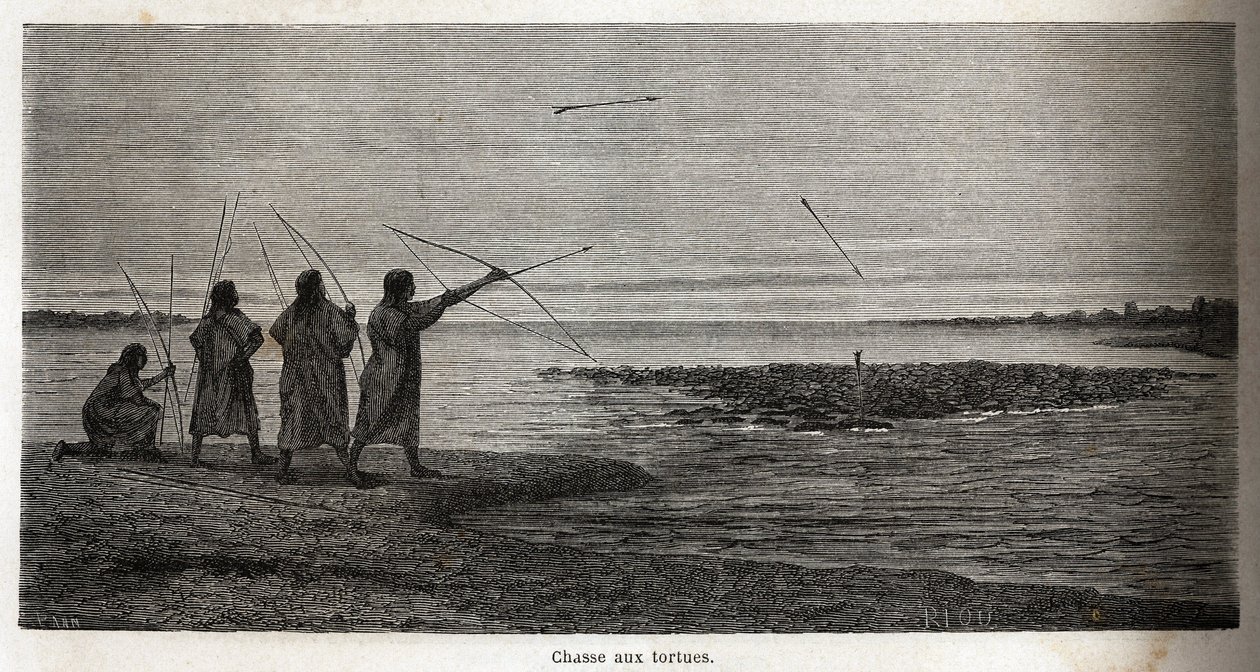 Sköldpaddsjakt, bland indiska conibos i Peru, teckning av Riou för att illustrera P. Marcoys resa från 1848 till 1860, från Stilla havet till Atlanten. Gravyr i "" Le tour du monde"", redigerad av Edouard Charton av Edouard Riou