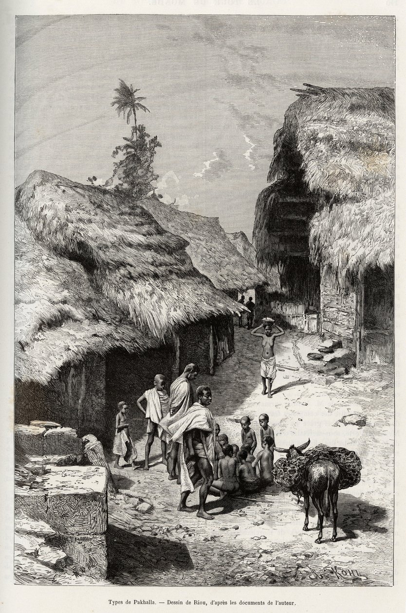 Typer av Pakhala (Elfenbenskusten). Gravyr av Riou, för att illustrera historien "" Från Niger till Guineebukten"" av kapten Louis Gustave Binger (1856-1936), 1887-1889, i Le tour du monde, nouveau journal des voyages, under ledning av Edouard Cha av Edouard Riou